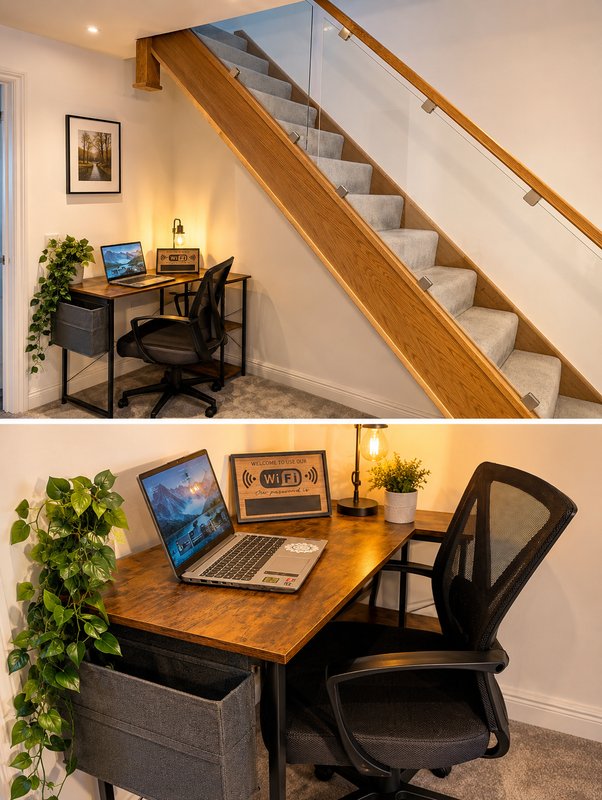 Home office workspace with wooden desk, black chair, laptop, and staircase in background