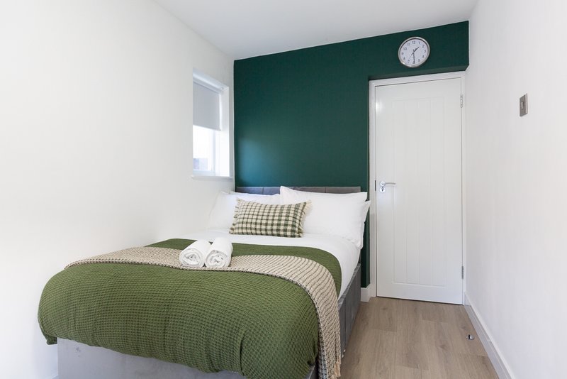 Compact bedroom with single bed, green bedding, dark teal accent wall, and white door