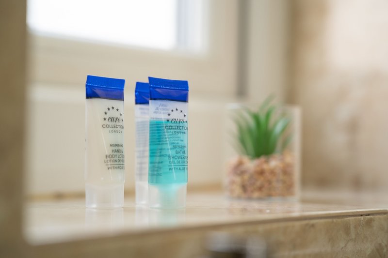 Bathroom counter with two toiletry bottles and potted plant by window