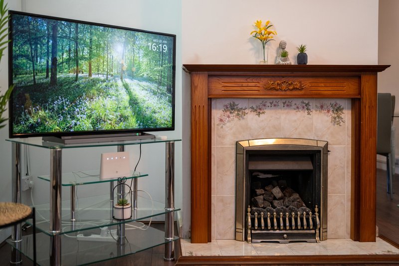Living room with fireplace, wooden mantelpiece, and wall-mounted television displaying forest scene