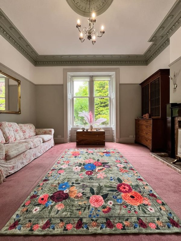 Elegant living room with floral patterned rug, cream sofa, wooden furniture and decorative ceiling