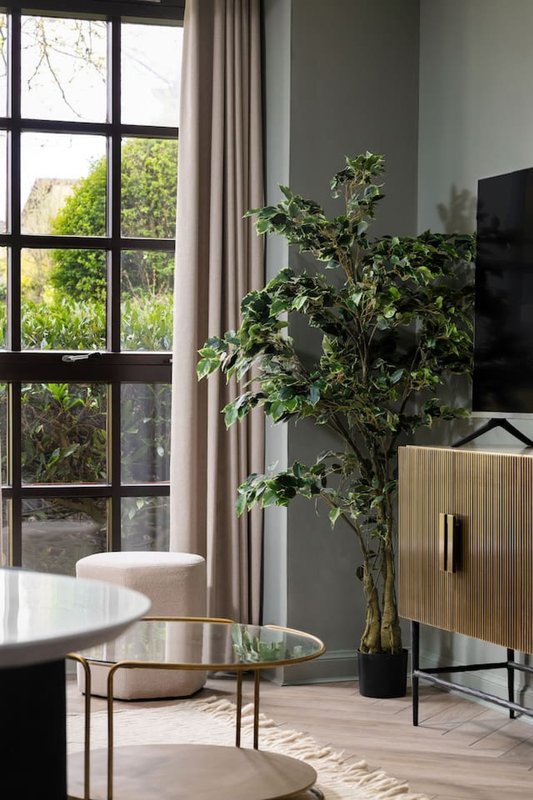 Modern living room with large windows, potted plant, round table, and wooden cabinet