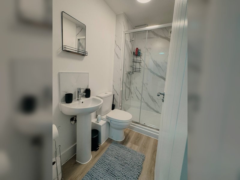 Clean modern bathroom with pedestal sink, toilet, shower enclosure and mirror