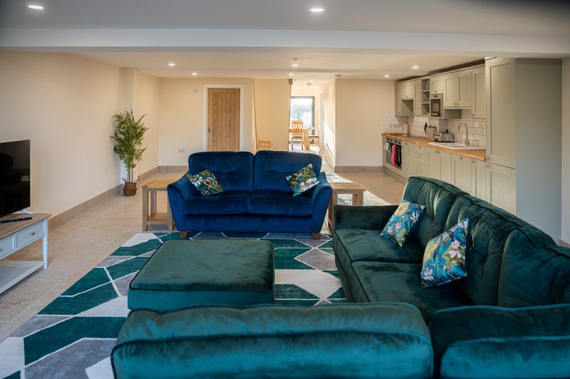 Open-plan living room with blue and teal sofas, patterned rug, and kitchen area visible in background