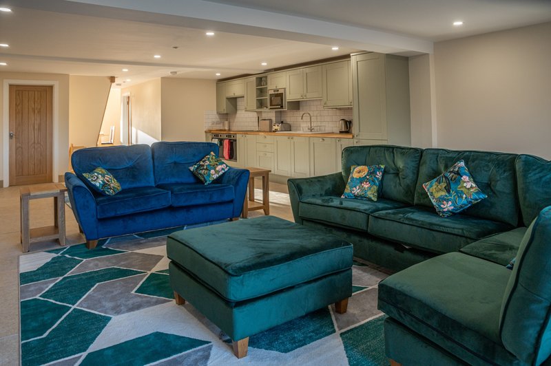 Open-plan living space with blue and teal velvet sofas, patterned rug, and kitchen area in background