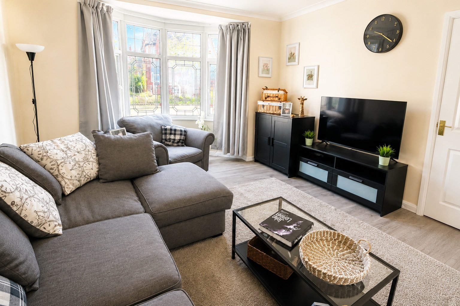 Bright living room with grey sofa, black TV unit, coffee table and large window