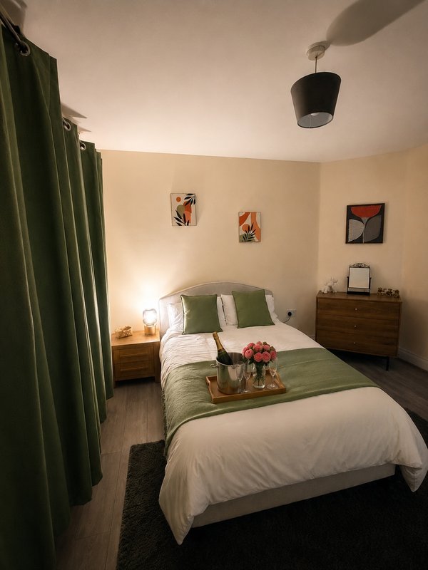 Bedroom with double bed, green bedding, wooden dresser, wall art and pendant lamp