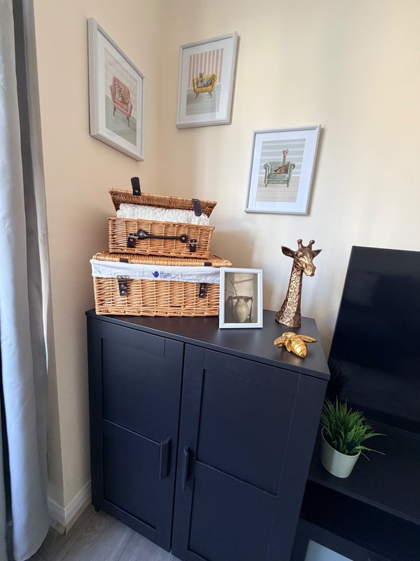 Corner of room with dark blue cabinet, wicker baskets, framed wall art, giraffe figurine, and potted plant