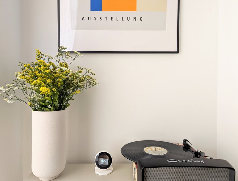 Shelf with white vase of yellow flowers, framed abstract art, vinyl record player, and small white device