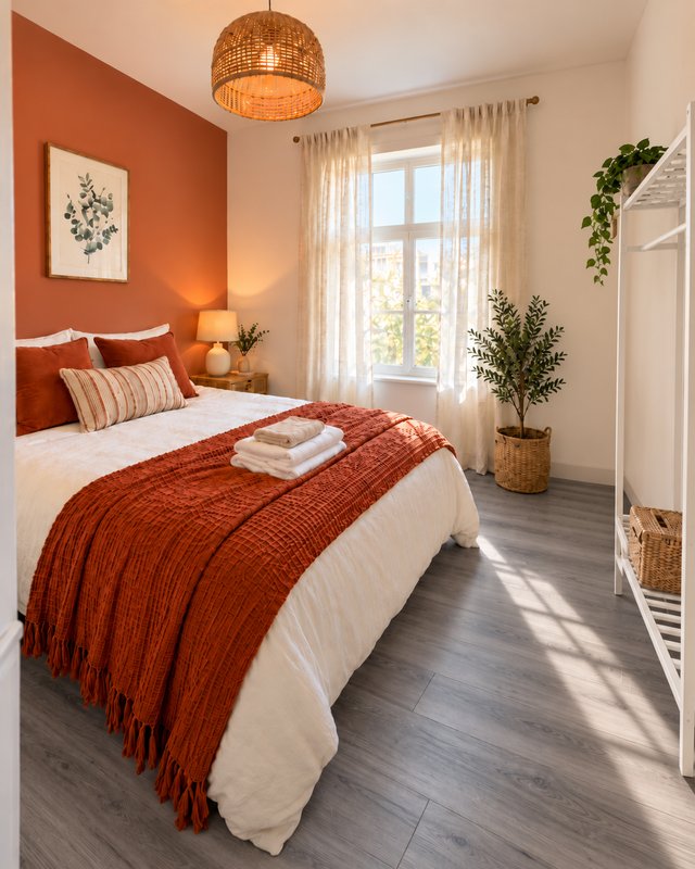 Bright bedroom with orange accent wall, double bed, woven pendant lamp, and window with sheer curtains