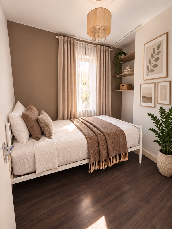 Stylish bedroom with white metal bed frame, beige bedding, wooden pendant light, and framed wall art