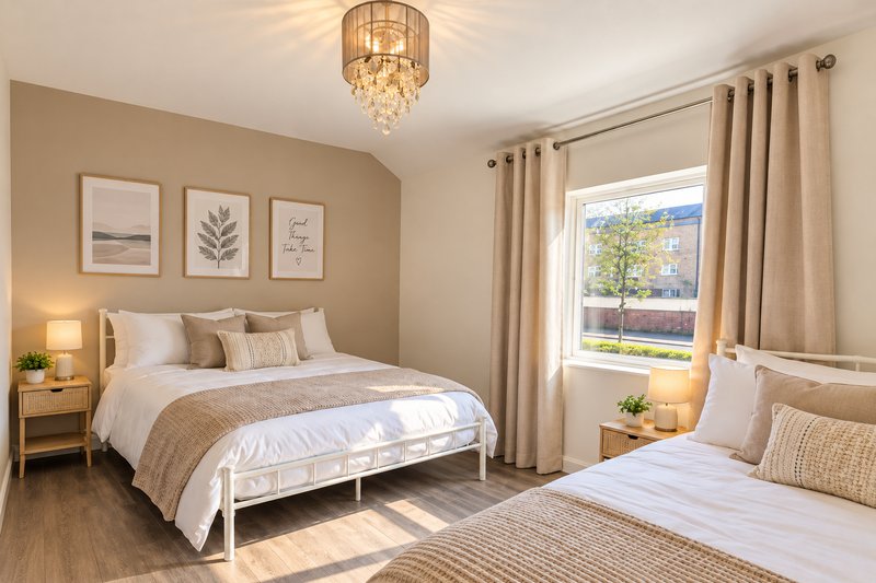 Bright bedroom with double bed, single bed, wooden floor, and large windows overlooking garden