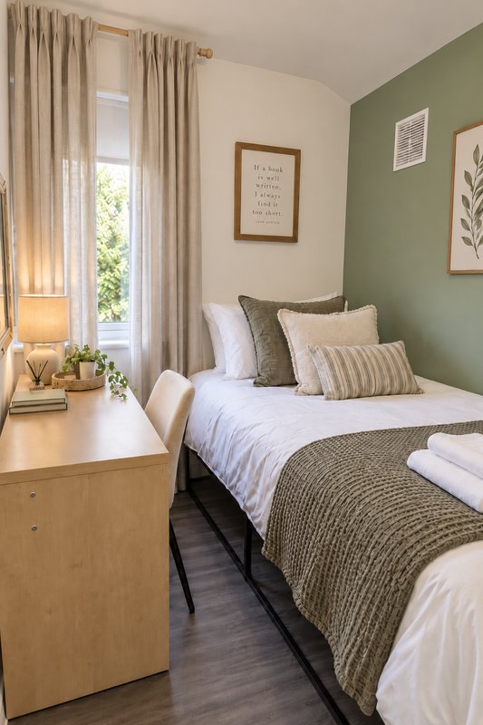 Bedroom with single bed, green accent wall, desk with lamp, and window with curtains