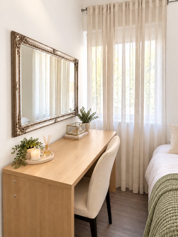 Bedroom dressing table with mirror, desk chair, potted plants and sheer curtains