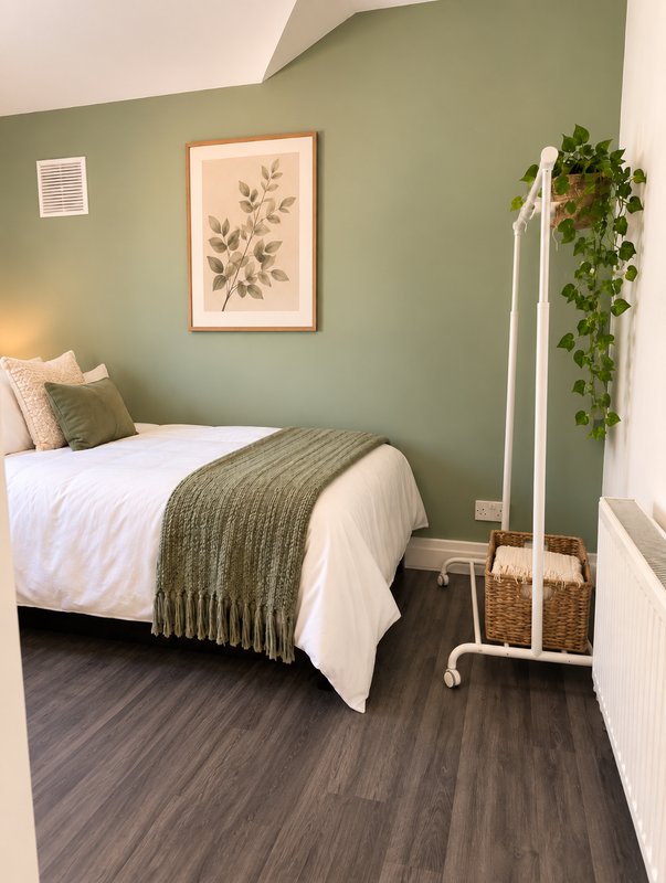 Bedroom with single bed, sage green walls, framed botanical print, and trailing plant