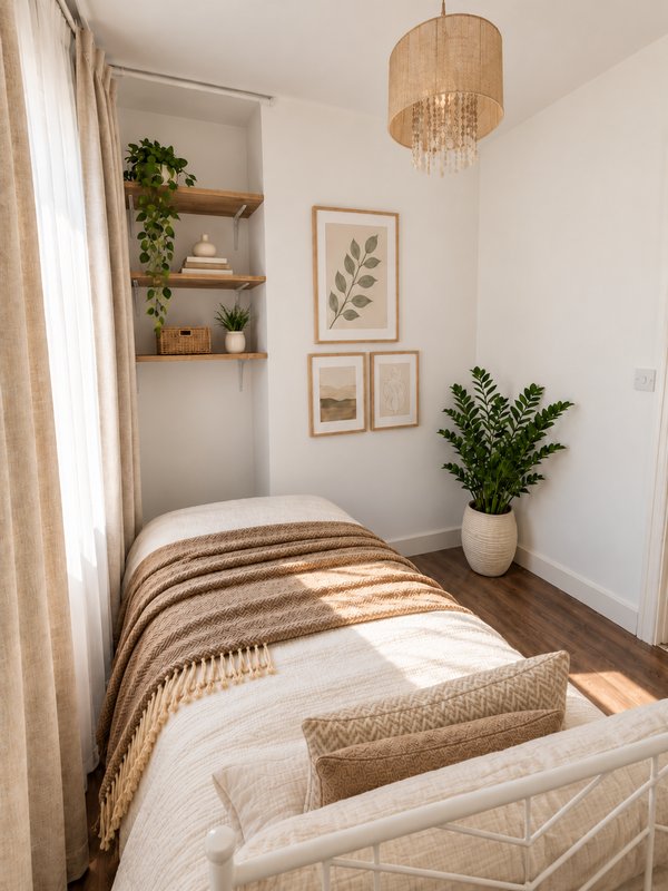 Bright bedroom with single bed, woven pendant light, floating shelves and potted plant