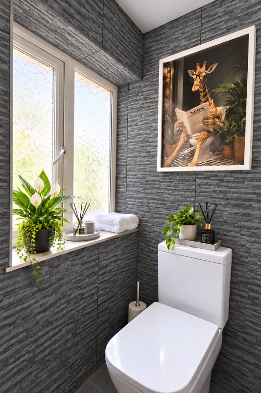 Compact bathroom with gray tile walls, white toilet, window with plants and decorative artwork