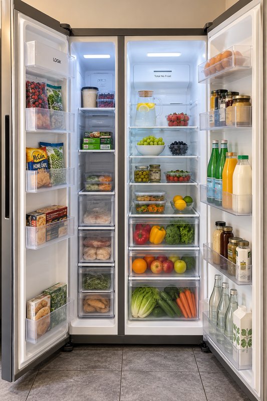 Open refrigerator with stocked shelves displaying fresh produce, groceries, and beverages