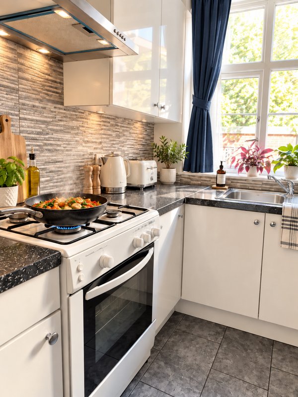 Modern kitchen with white cabinetry, gas hob, brick-effect backsplash, and window with plants