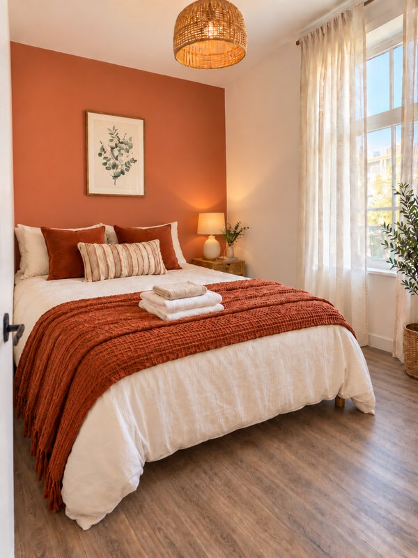Bedroom with orange accent wall, double bed, woven pendant light and window