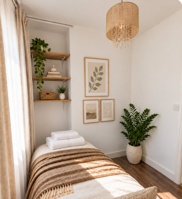 Compact bedroom with single bed, wooden shelving, pendant lamp and potted plants