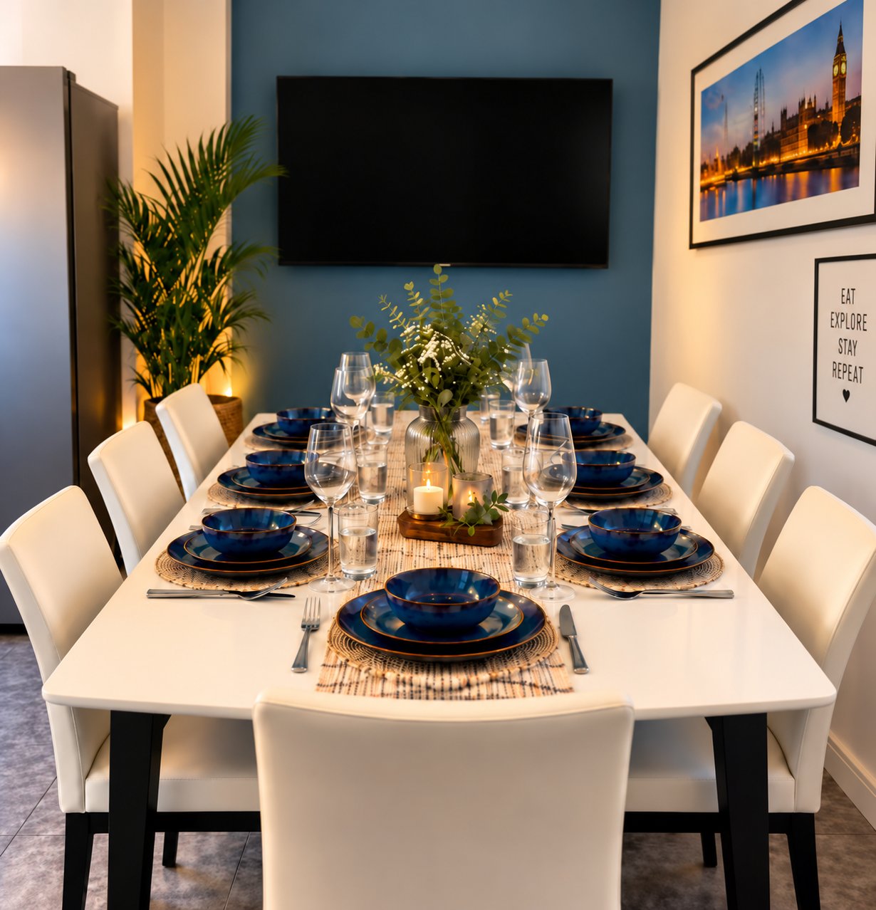 Dining room with white table, cream chairs, blue place settings and centerpiece plants