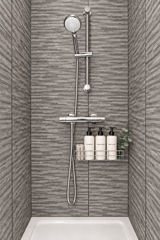 Modern shower enclosure with grey tile walls, chrome fixtures, and toiletries shelf