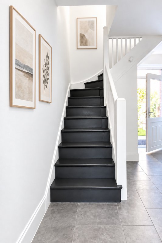 Staircase with black painted treads, white walls, framed botanical artwork, and white banister