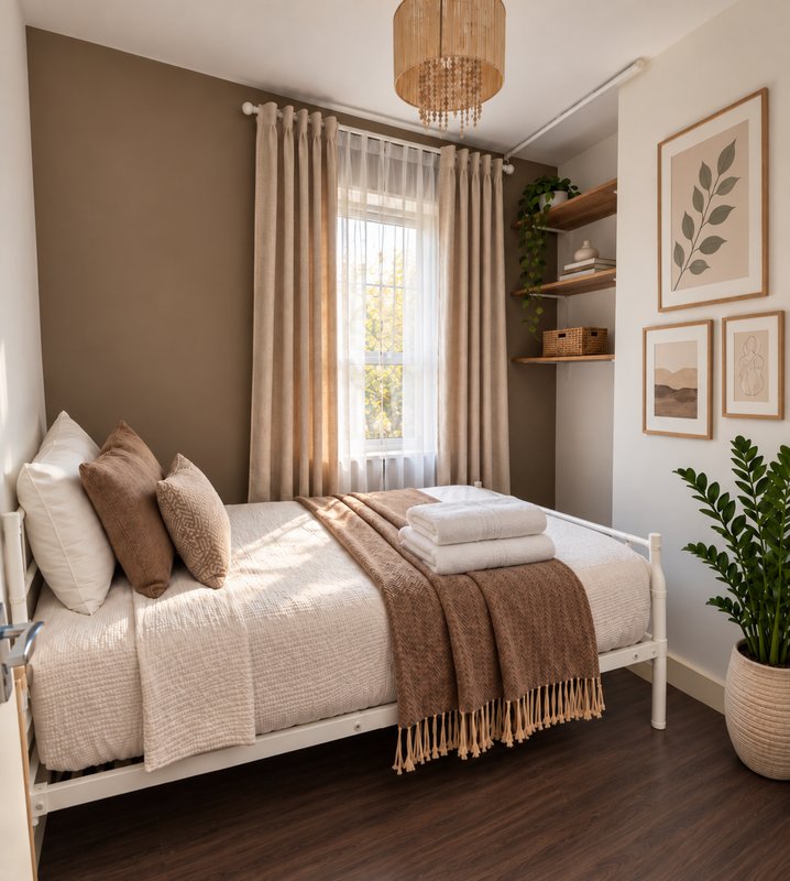 Bedroom with white metal bed frame, beige bedding, brown accent wall, and framed botanical prints