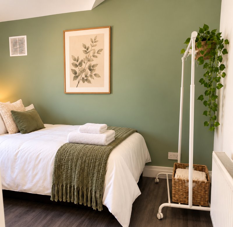 Bedroom with double bed, sage green walls, framed botanical print, and white towel rail