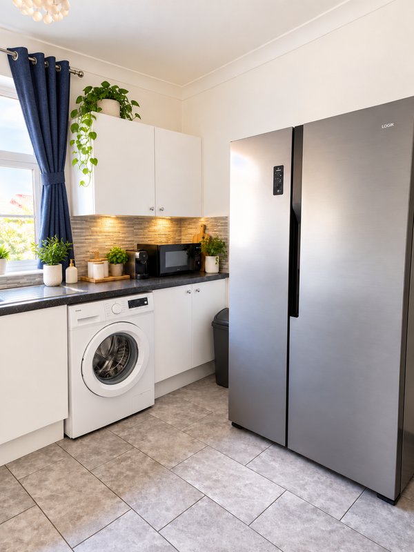 Modern kitchen with white cabinetry, stainless steel refrigerator, washing machine and brick backsplash