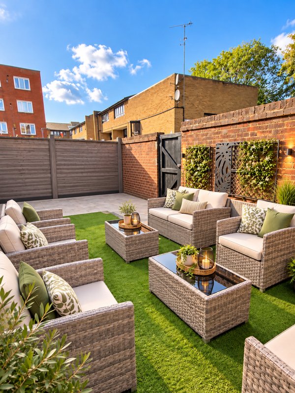 Paved garden with artificial grass, wicker seating area, and brick buildings surrounding