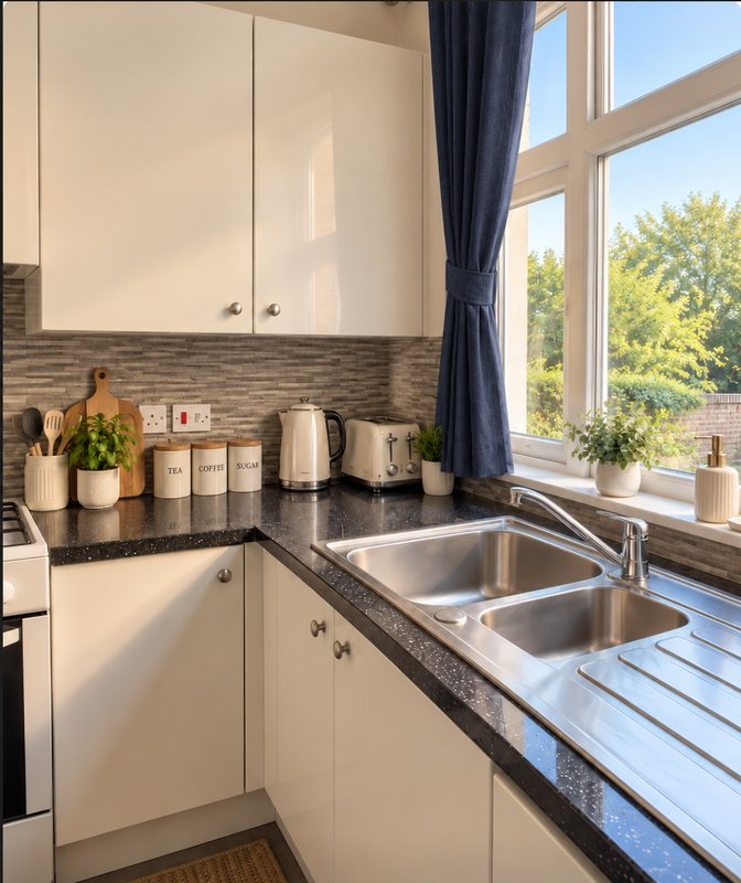 Modern kitchen with white cabinetry, dark countertop, stainless steel sink and large window overlooking garden