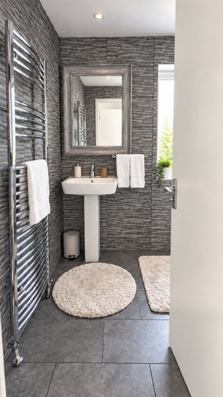 Modern bathroom with grey brick walls, pedestal sink, white towel radiator and round rug