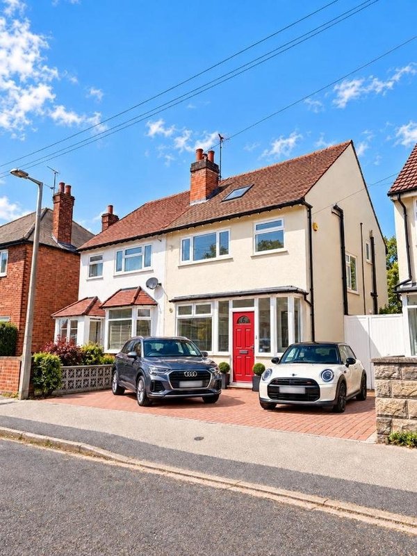 Detached house with cream and brick exterior, red door, driveway with two parked cars