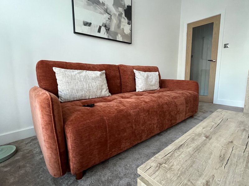 Modern living room with rust-colored sofa, cushions, wooden table and framed wall art