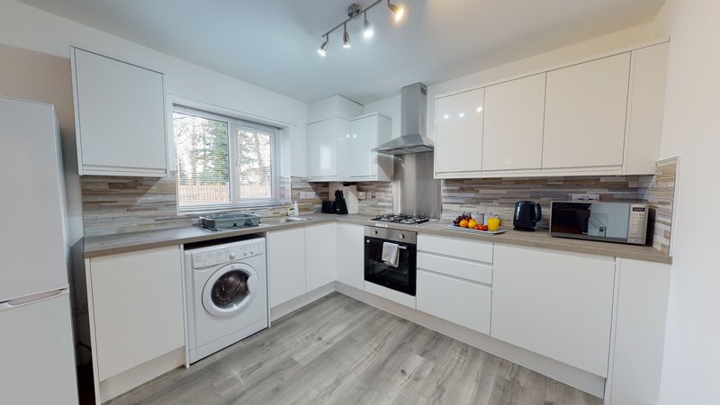 Modern white kitchen with appliances, grey wood-effect flooring and window