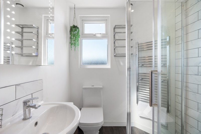 Modern bathroom with white sink, toilet, shower enclosure, heated towel rails and hanging plant