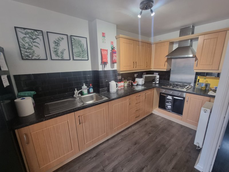 Modern kitchen with wooden cabinets, black countertops, stainless steel appliances and botanical wall art