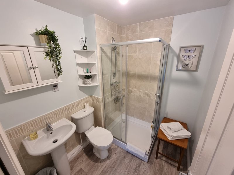 Modern bathroom with shower enclosure, dual sink vanity, toilet and wooden stool
