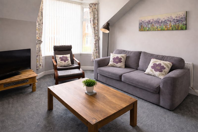 Bright living room with gray sofa, wooden coffee table, armchair and TV