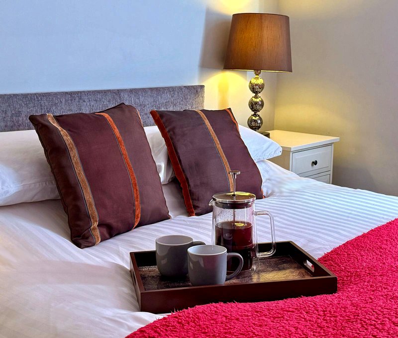Modern bedroom with double bed, burgundy cushions, lamp, and bedside table with coffee service