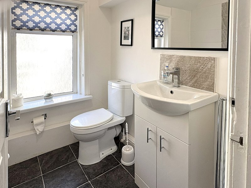Clean bathroom with toilet, sink vanity, mirror, window with blue patterned blind