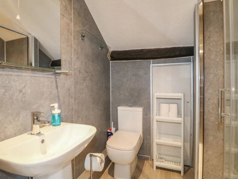 Modern bathroom with curved sink, toilet, shower enclosure and mirrored cabinet