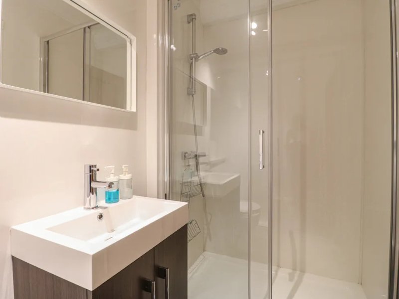 Modern bathroom with white sink, mirror, shower enclosure and toiletries