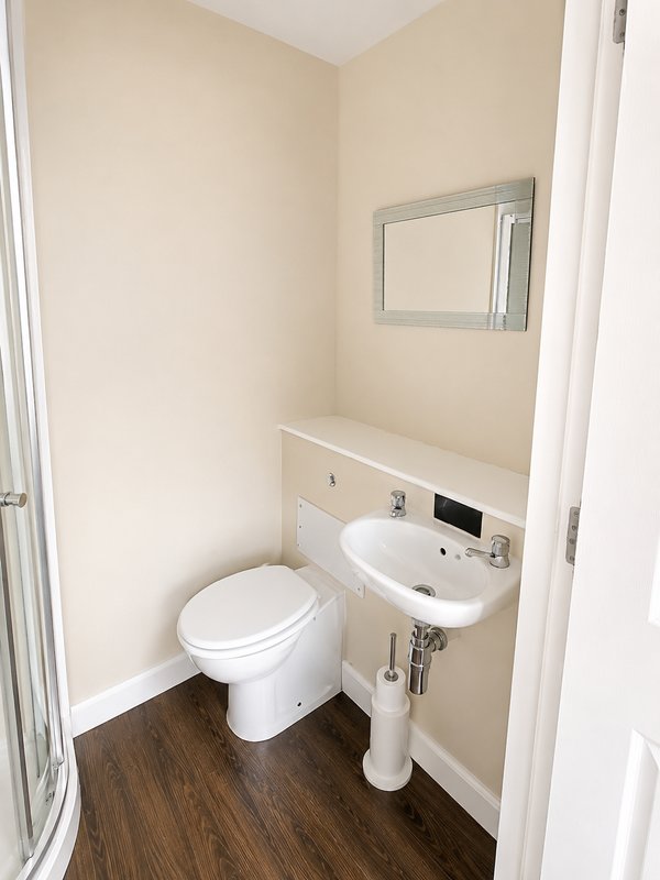 Compact bathroom with toilet, pedestal sink, mirror and wooden flooring