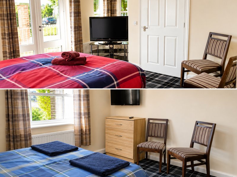 Two bedroom views with tartan bedding, wooden furniture, striped chairs and television