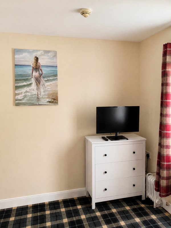 Bedroom corner with white dresser, flat-screen TV, framed beach artwork, plaid rug and curtains