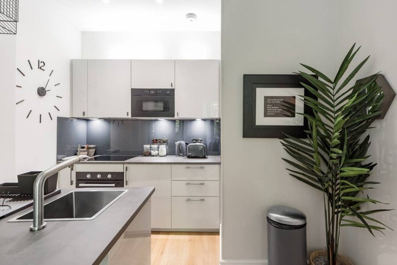 Modern kitchen with white cabinetry, dark countertop, stainless steel appliances, wall clock and potted plant