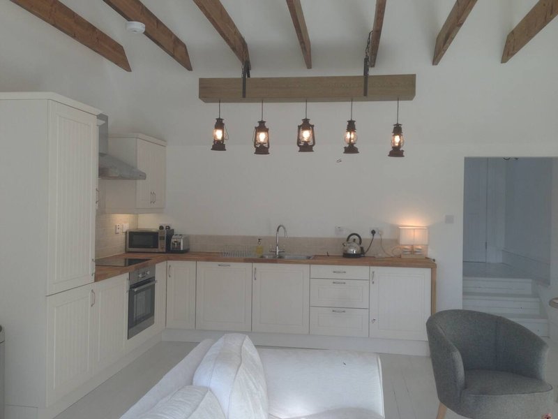 Open-plan studio with white kitchen, exposed beams, pendant lights and bed seating area